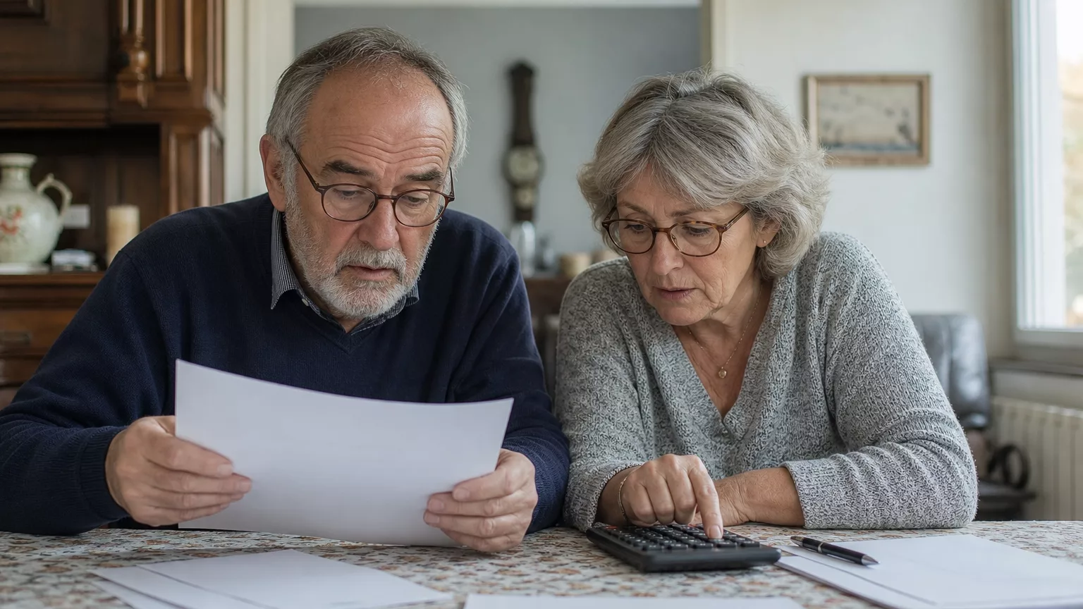 Un couple âgé examine des documents et fait ses comptes à domicile.