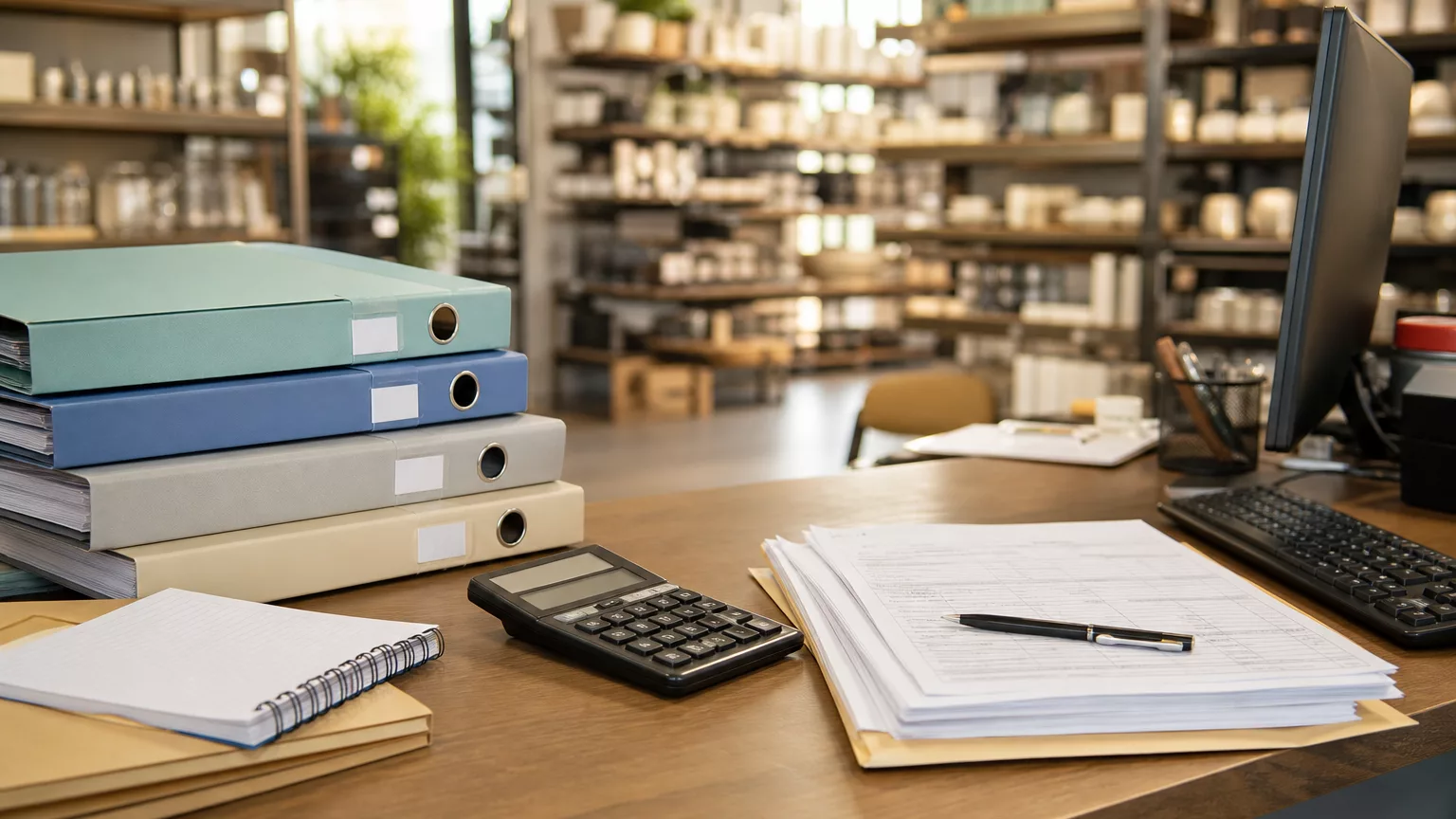 Dossiers administratifs et calculatrice dans l’arrière-boutique d’un magasin.