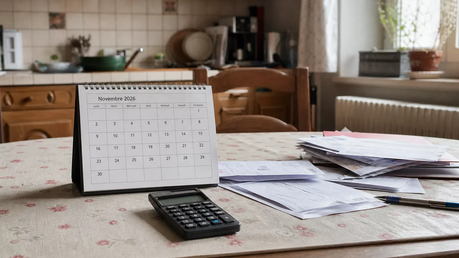 Un calendrier, une calculatrice et des documents du budget familial sur une table.
