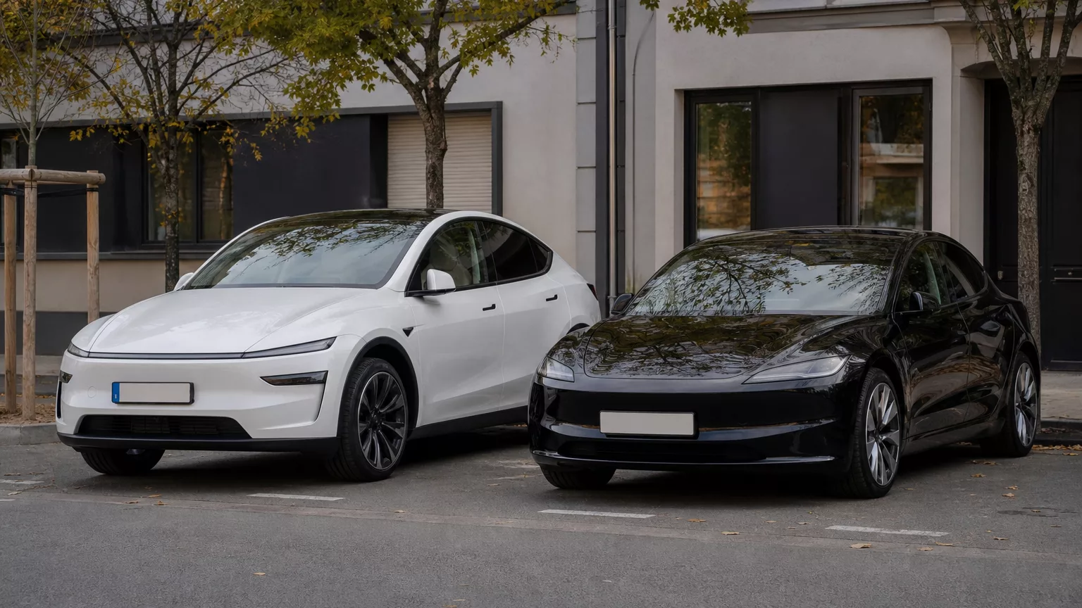 Un SUV électrique et une berline électrique stationnés dans une rue européenne.
