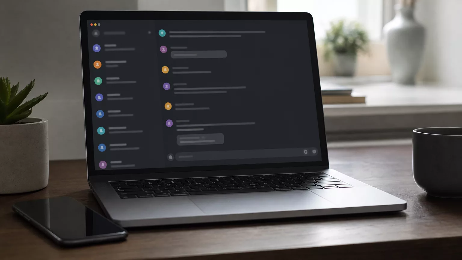 Un ordinateur et un téléphone sur un bureau, avec une interface de discussion à l’écran.