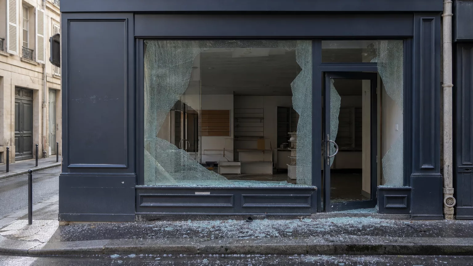 Vitrine de commerce brisée dans une rue, avec des éclats de verre au sol.