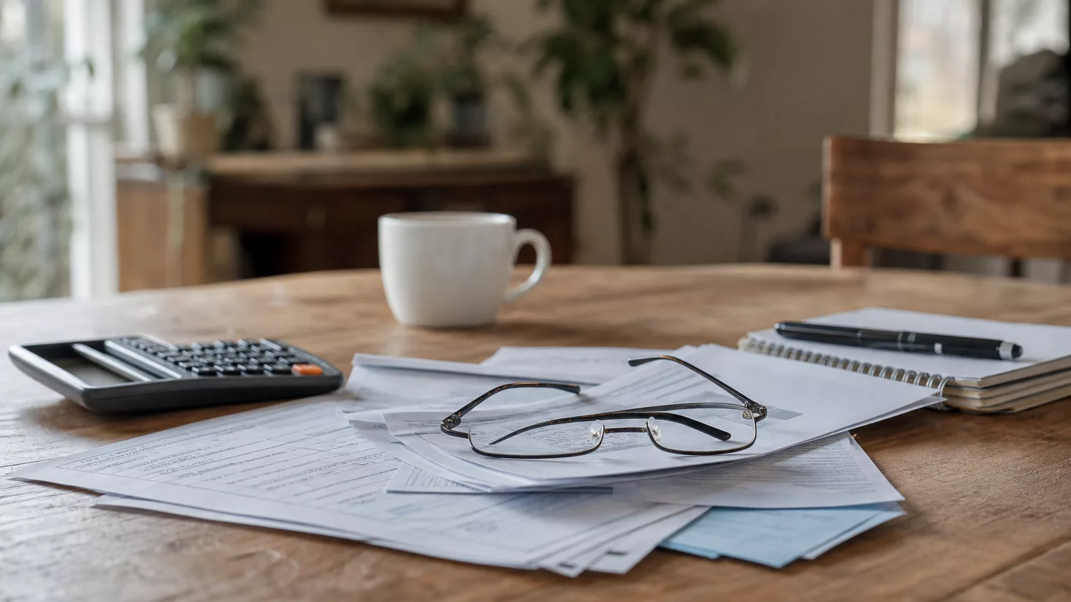 Documents, calculatrice et lunettes sur une table pour préparer sa déclaration fiscale.