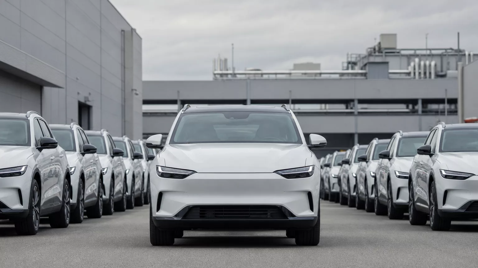 Voitures électriques alignées devant une usine automobile.