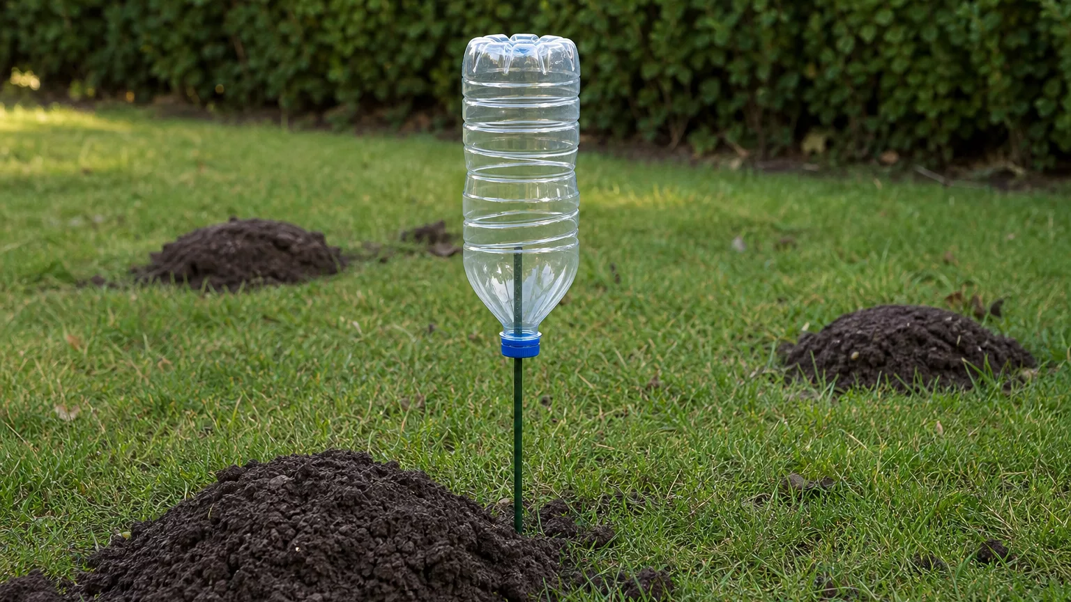 Bouteille en plastique retournée sur un piquet près de taupinières dans une pelouse.