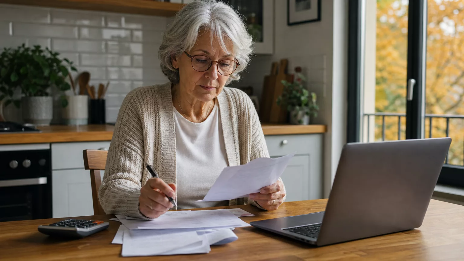 Une personne retraitée vérifie son budget avec une calculatrice et des documents.