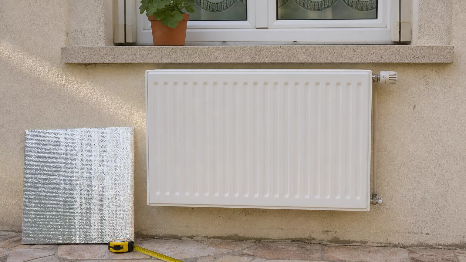 Radiateur contre un mur, avec un mètre et un panneau réflecteur à proximité.