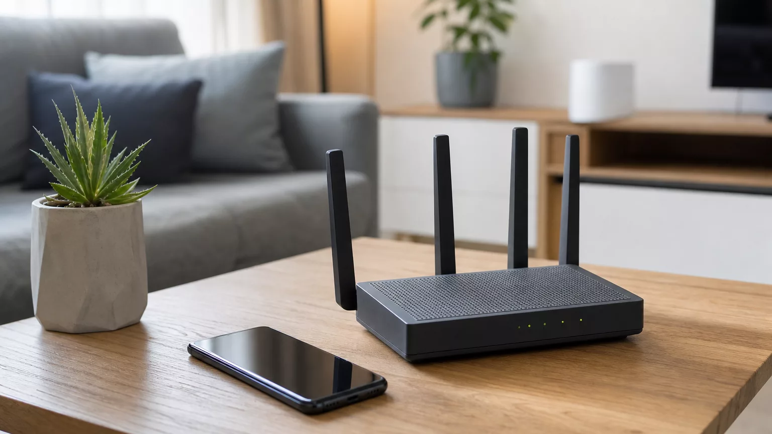 Un smartphone posé près d’un routeur Internet à domicile.