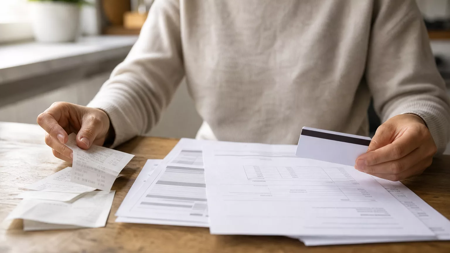 Des mains réunissent un ticket, une carte cadeau et des documents de commande sur une table.